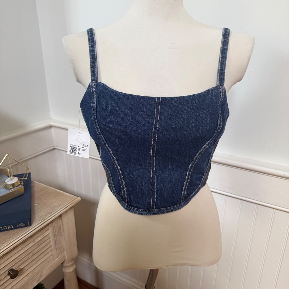 NWT Forever‎ 21 Womens Dark Wash Denim Corset Top Bustier Cropped Blue Medium